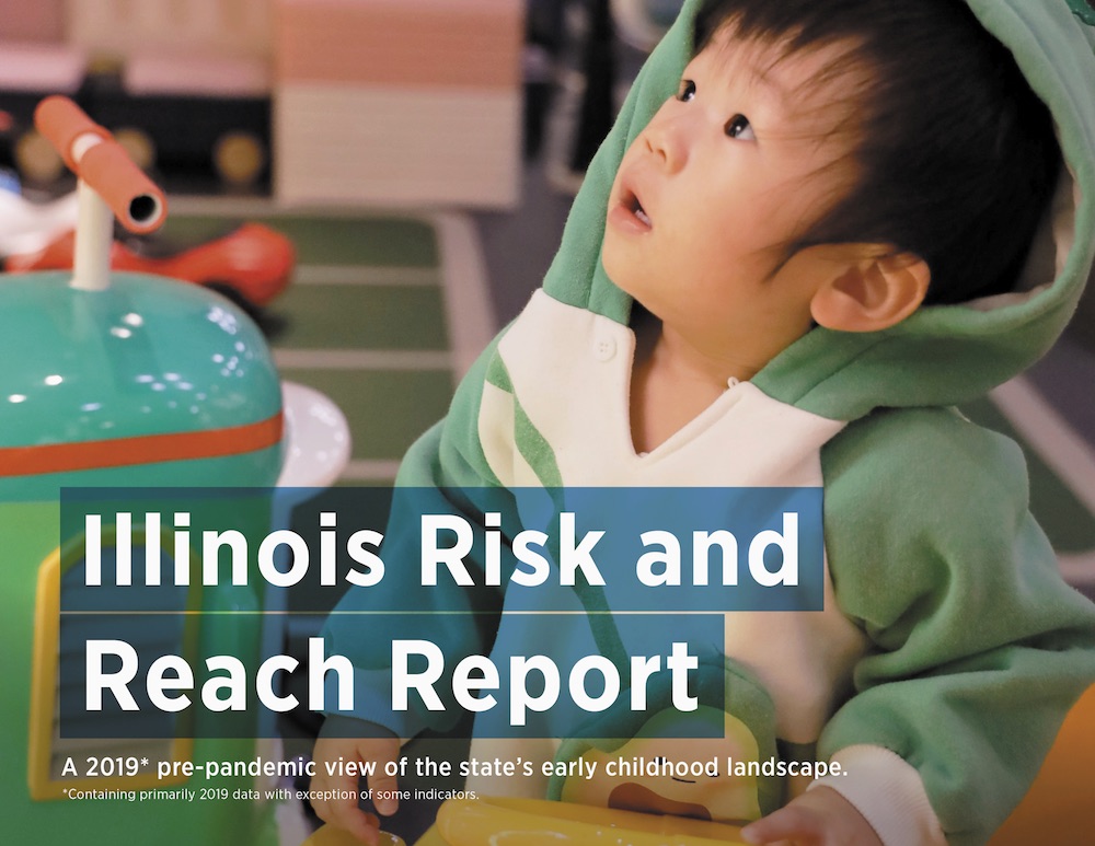 Cover of the Illinois Risk and Reach Report showing baby with hoodie looking up