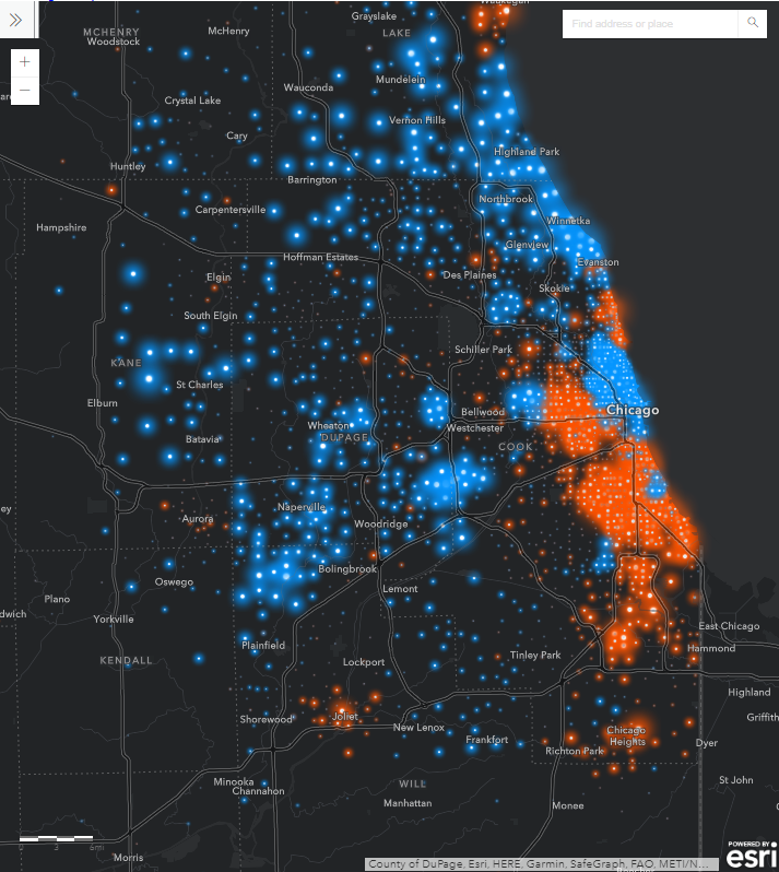 Map of chicago showing areas of high (blue) and low (red) income