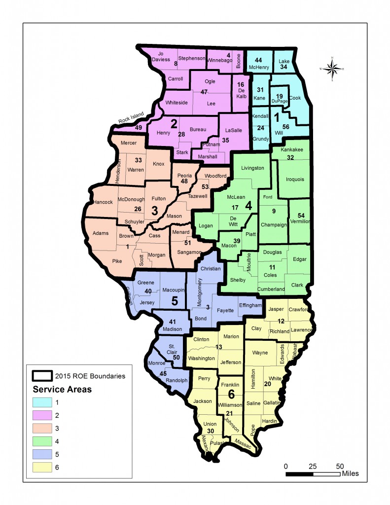 Map of ROE service areas: 1: Chicagoland, 2: Northwest IL, 3: West IL, 4: East Central IL, 5: Southwest IL, 6: South IL