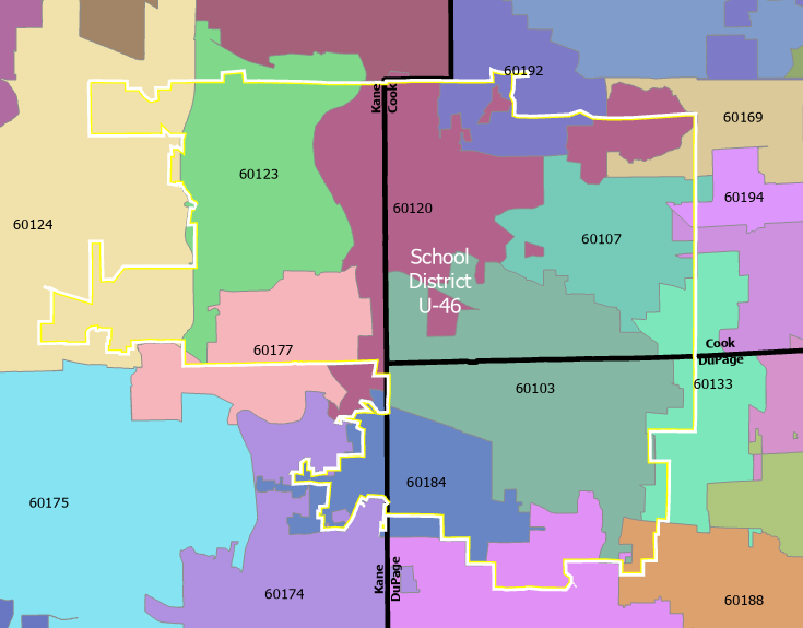 Map showing a county subdivided into zip codes, with some zip code areas extending into neighboring counties